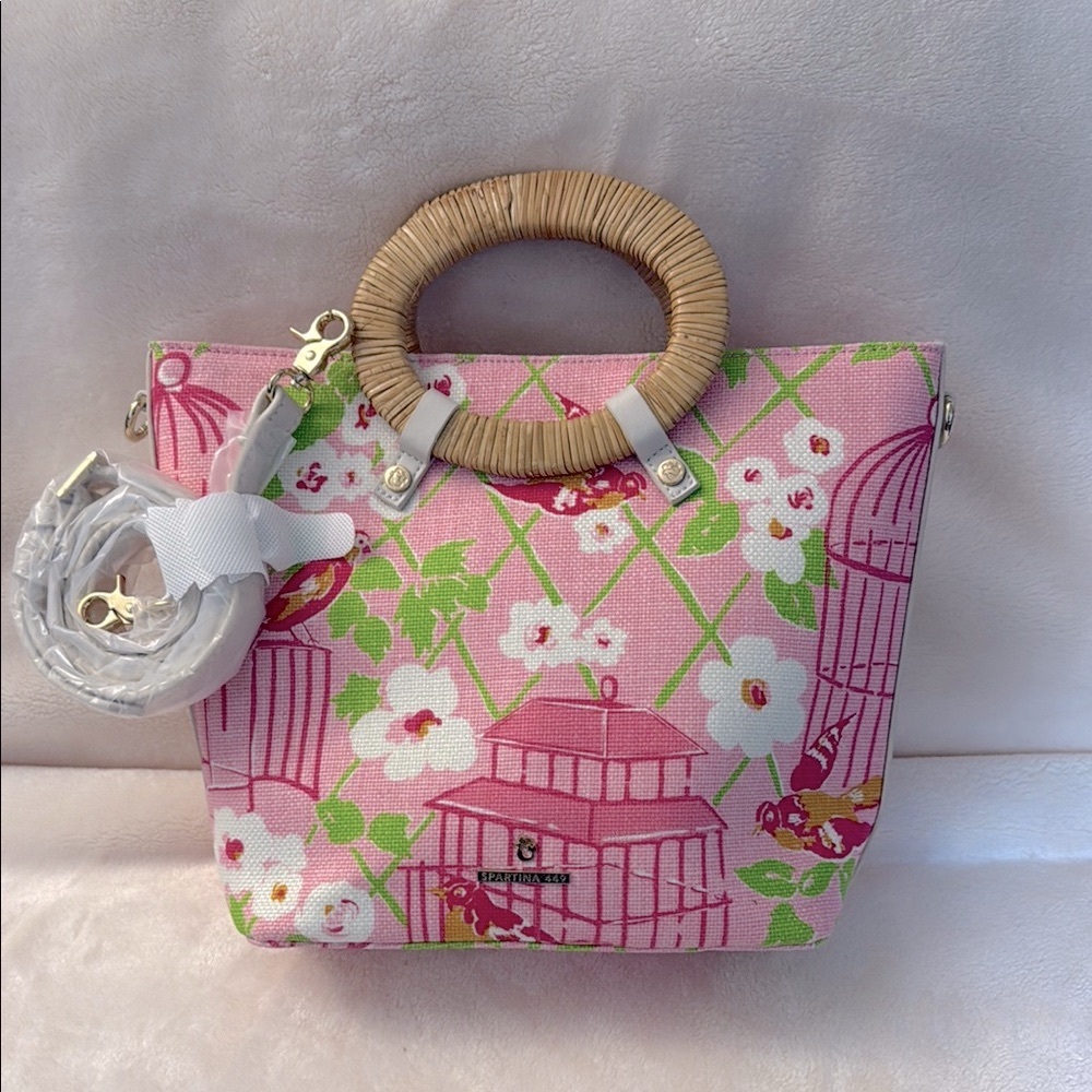 NWT  Island Pink Floral Handbag or cross body with Bamboo Handles
